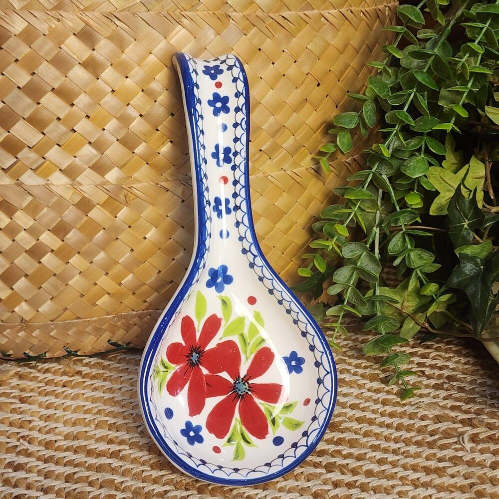 Dowan Ceramic Spoon Rest 9"  Handpainted Floral Modern Farmhouse Kitchen